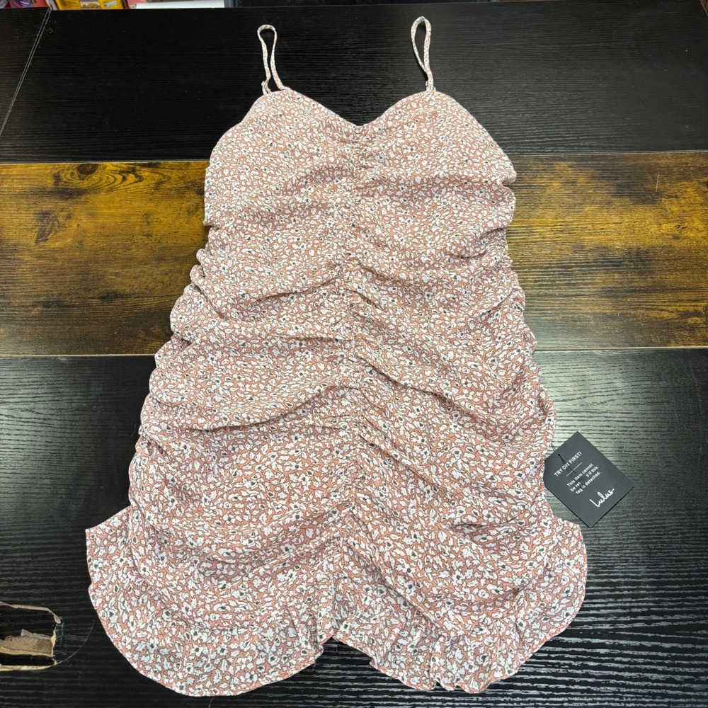 Lulus‎ Womens Ruched Floral Mini Dress Rust White Bodycon Ruffle Hem Large NWT